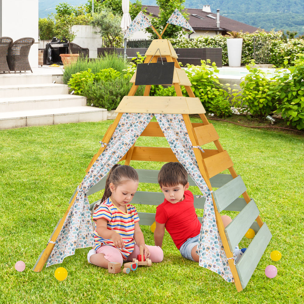 Triangle Hideaway Playhouse made of fir wood with removable chalkboard, perfect for outdoor play and vibrant backyard.