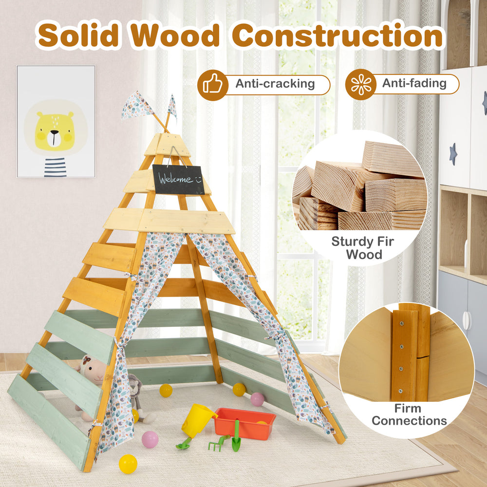 Triangle hideaway playhouse made of anti-cracking fir wood with removable chalkboard, ideal for indoor and outdoor play.