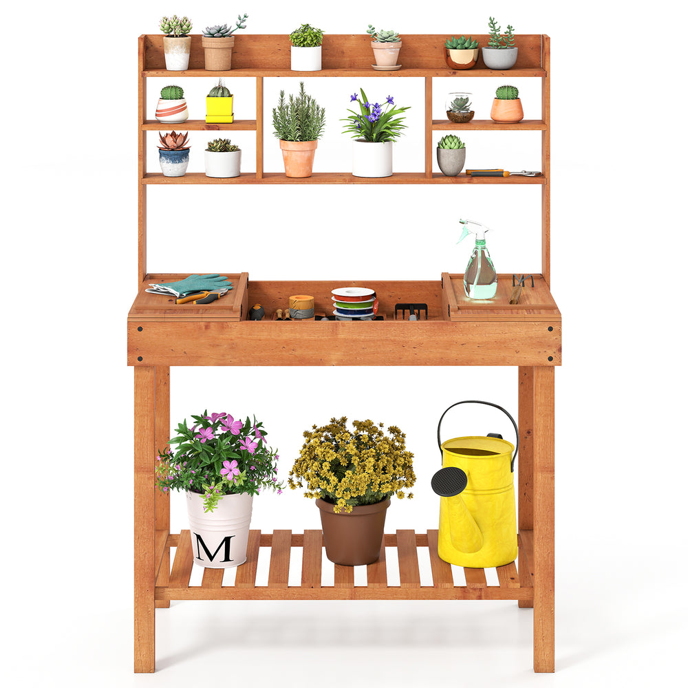Wooden potting bench table with 3-tier open shelf, solid pine construction, ideal for gardening tasks in patios or.