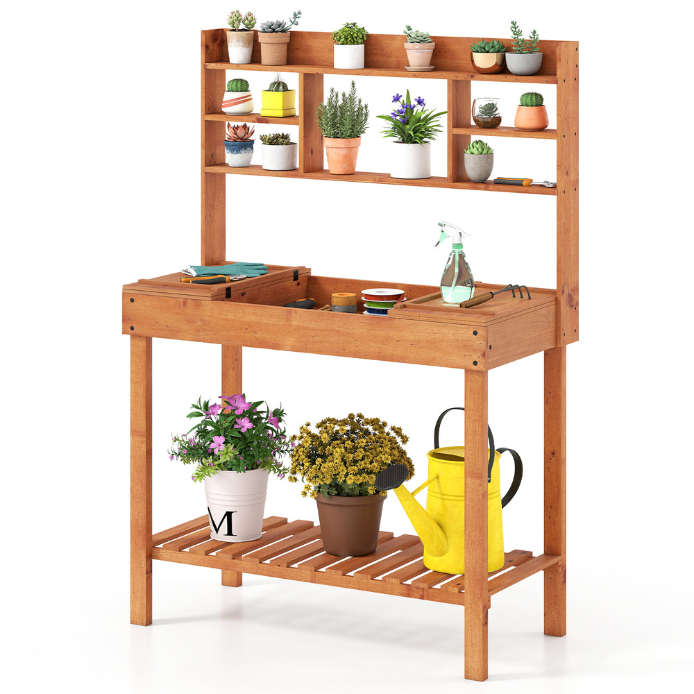Wooden potting bench table with 3-tier open shelf, solid pine wood, ideal for gardening tasks in patios or gardens.