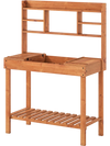 Wooden potting bench table with 3-tier open shelf, flip-up tabletop, and slat rack design for gardening tasks.