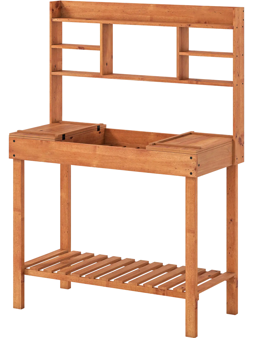 Wooden potting bench table with 3-tier open shelf, flip-up tabletop, and slat rack design for gardening tasks.