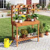 Wooden potting bench table with 3-tier shelf and bottom rack for plants, ideal for gardens and patios.