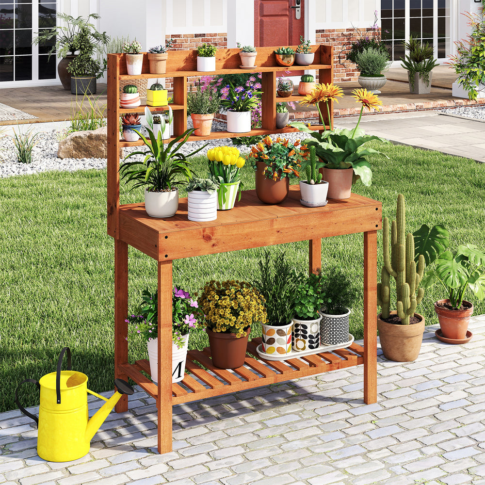 Wooden potting bench table with 3-tier shelf and bottom rack for plants, ideal for gardens and patios.