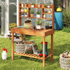 Wooden potting bench table with 3-tier shelf and flip-up top, perfect for gardening tasks in patios or gardens.