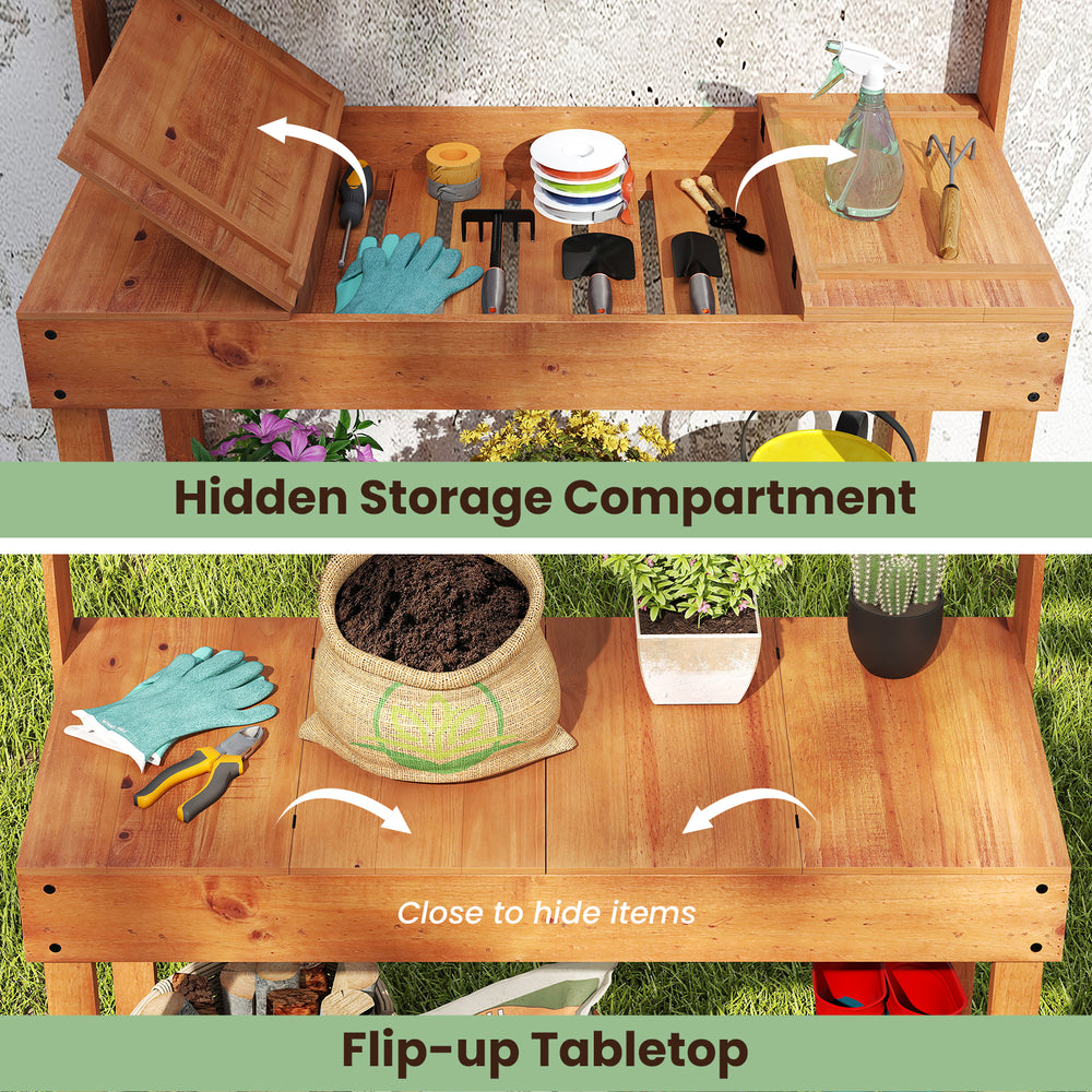 Wooden potting bench with flip-up tabletop and hidden storage, ideal for organizing gardening tools in outdoor spaces.