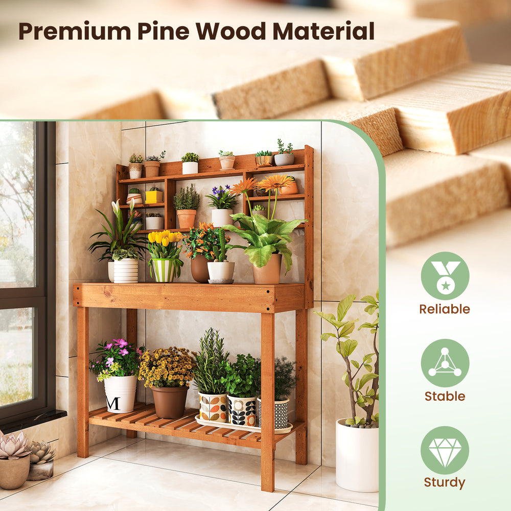 Wooden potting bench table with 3-tier open shelf, premium pine wood, suitable for gardens and patios.