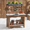 Wooden potting bench table for kids with removable sink, open shelves, and chalkboard for outdoor gardening fun.