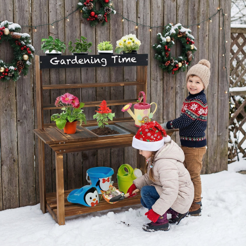 Wooden potting bench table for kids with removable sink, solid fir wood, ideal for outdoor gardening fun.