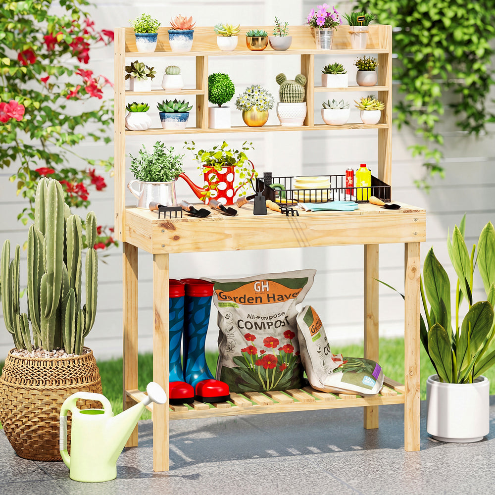 Wooden Potting Bench Table Garden Planting Workstation with 3-Tier Open Shelf-Natural - Gallery View 1 of 10