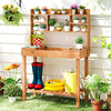 Wooden potting bench table with 3-tier open shelf, solid pine construction, ideal for gardening tasks in outdoor spaces.