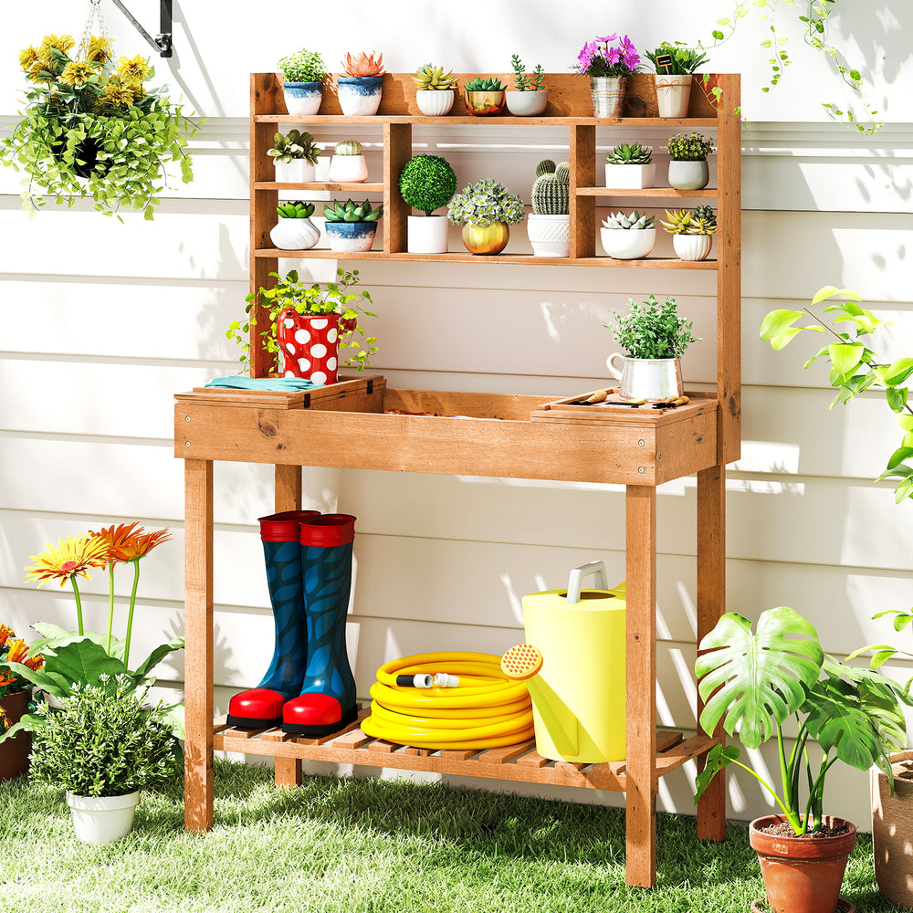 Wooden potting bench table with 3-tier open shelf, solid pine construction, ideal for gardening tasks in outdoor spaces.