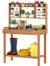Wooden potting bench table with 3-tier shelf, solid pine construction, ideal for gardening tasks in patios or gardens.