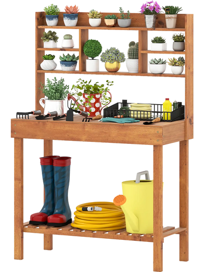 Costway Wooden Potting Bench Table Garden Workstation 3-Tier Open Shelf 61806130 New