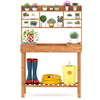 Wooden potting bench table with 3-tier open shelf, solid pine construction, ideal for gardening tasks and storage.
