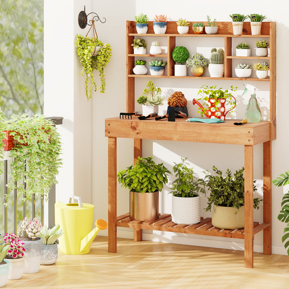 Wooden potting bench table with 3-tier open shelf, ideal for gardening tasks and plant organization in indoor or.