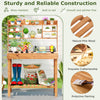 Wooden potting bench table in brown with 3-tier open shelf, sturdy pine wood, ideal for gardening tasks and storage.