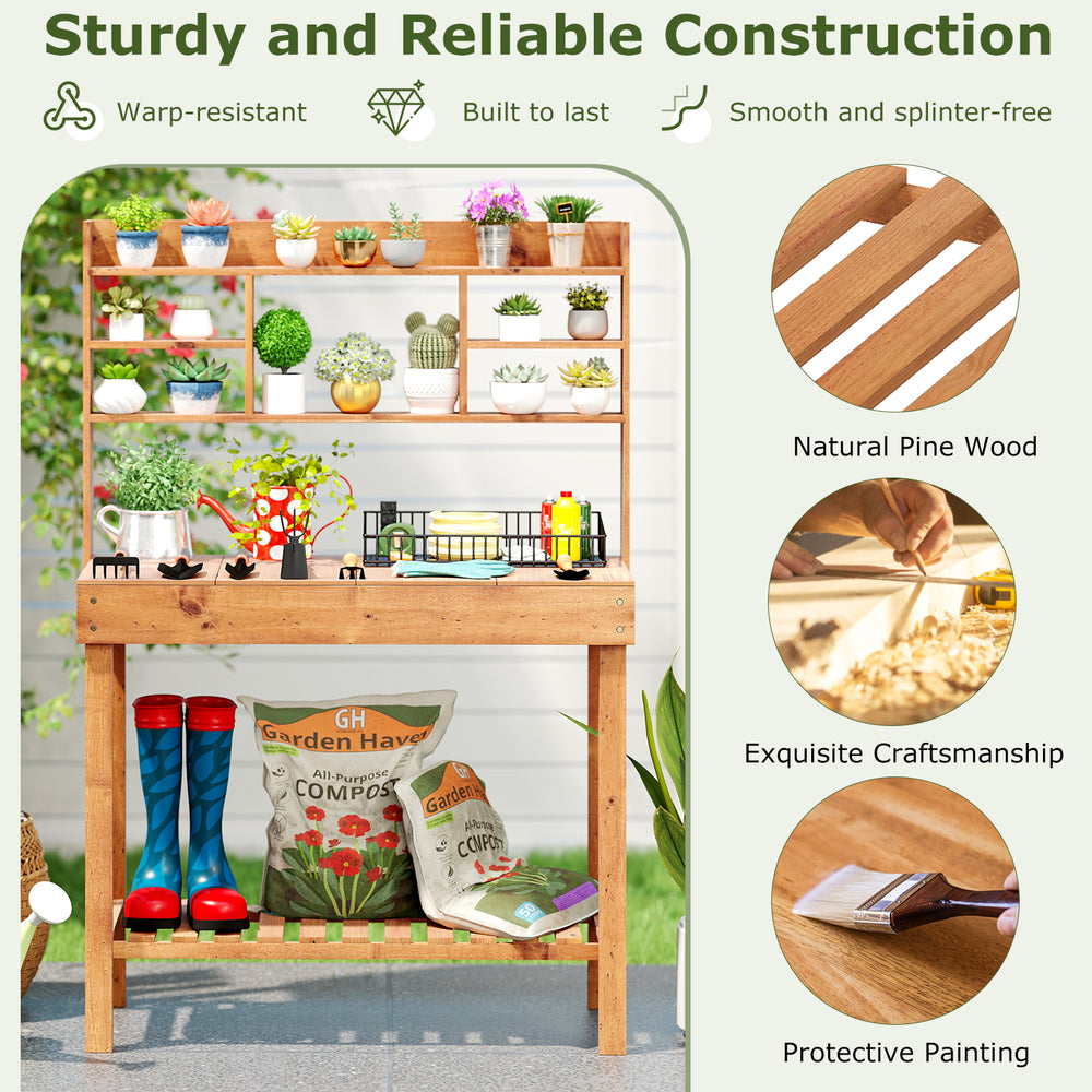 Wooden potting bench table in brown with 3-tier open shelf, sturdy pine wood, ideal for gardening tasks and storage.