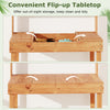 Wooden potting bench with flip-up tabletop for hidden storage, featuring a 3-tier shelf for efficient gardening.
