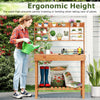 Wooden potting bench with 3-tier shelf, ergonomic height for gardening tasks, ideal for patios and indoor spaces.