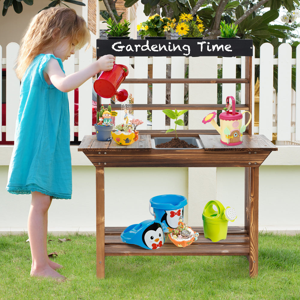 Wooden potting bench table for kids, featuring a solid fir wood frame, removable sink, and chalkboard for outdoor.