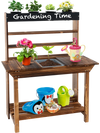 Wooden potting bench table for kids with solid fir wood frame, removable sink, and chalkboard for outdoor gardening fun.