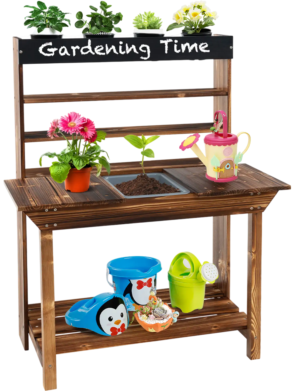 Wooden potting bench table for kids with solid fir wood frame, removable sink, and chalkboard for outdoor gardening fun.