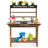 Wooden potting bench table for kids with removable sink, solid fir wood, and chalkboard for outdoor gardening fun.