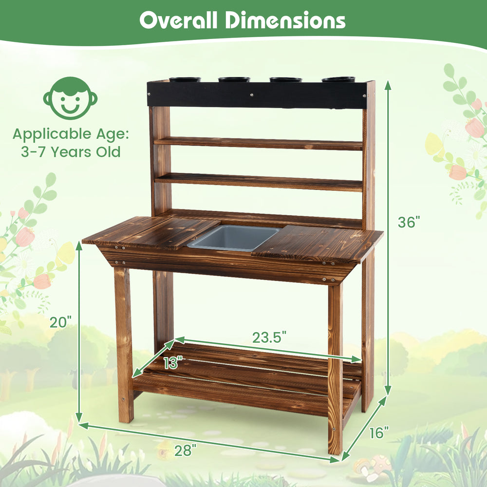 Wooden potting bench table for kids aged 3-7, featuring a removable sink and ample storage for gardening activities.