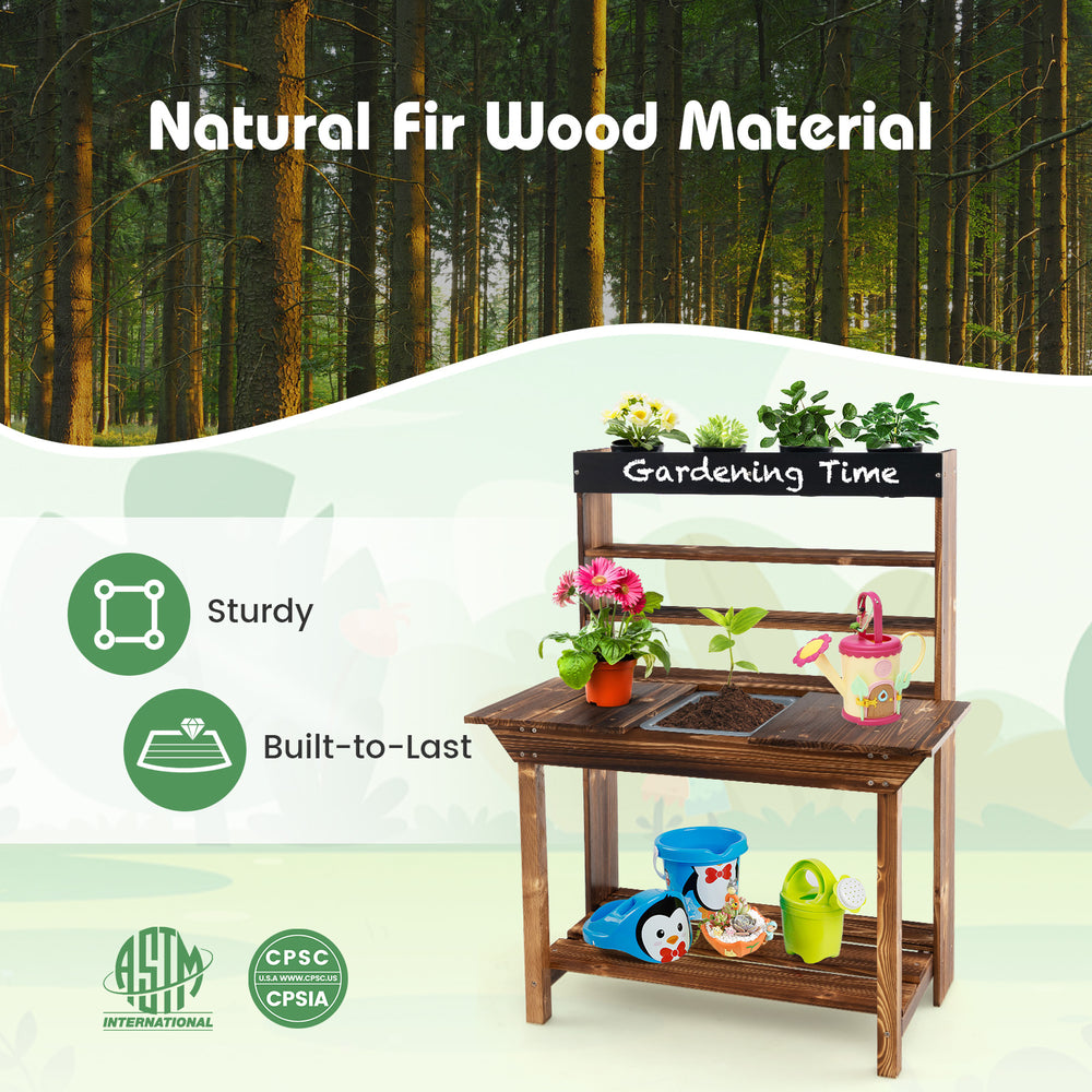 Wooden potting bench table for kids made of solid fir wood, featuring a removable sink and ample storage for gardening.