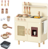 Wooden pretend kitchen playset in yellow with ice maker, sink, and ample storage for imaginative cooking fun.