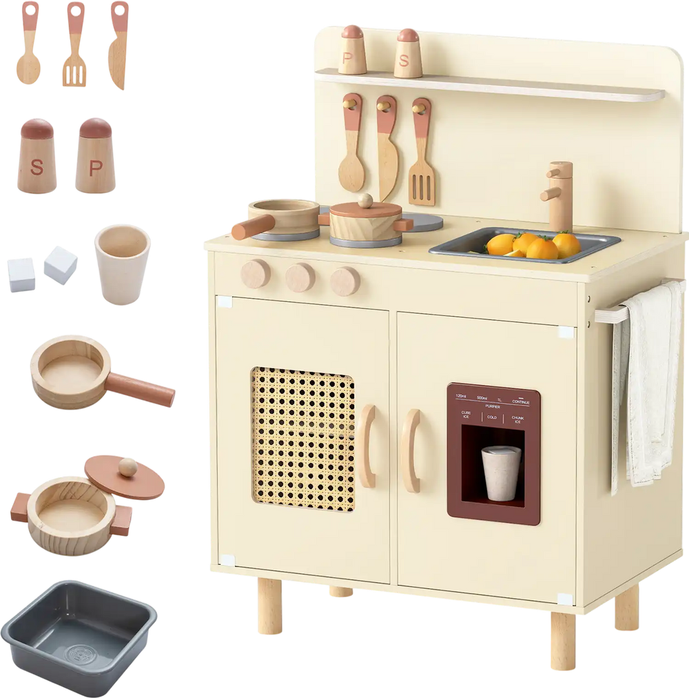 Wooden pretend kitchen playset in yellow with ice maker, sink, and ample storage for imaginative cooking fun.