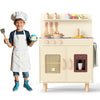 Wooden pretend kitchen playset in yellow with ice maker, stove, and ample storage for imaginative cooking play.
