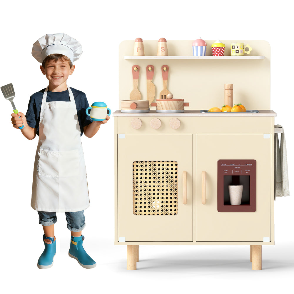Wooden pretend kitchen playset in yellow with ice maker, stove, and ample storage for imaginative cooking play.