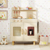 Wooden pretend kitchen playset in yellow with ice maker, storage cabinet, and spice rack for imaginative play.