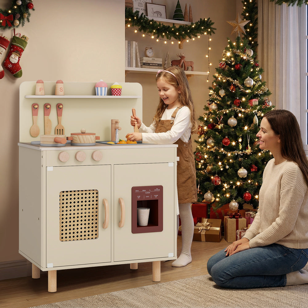 Wooden pretend kitchen playset in yellow with ice maker and ample storage, perfect for imaginative cooking play.