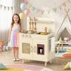 Wooden pretend kitchen playset in yellow with realistic ice maker, sink, and ample storage for imaginative cooking fun.