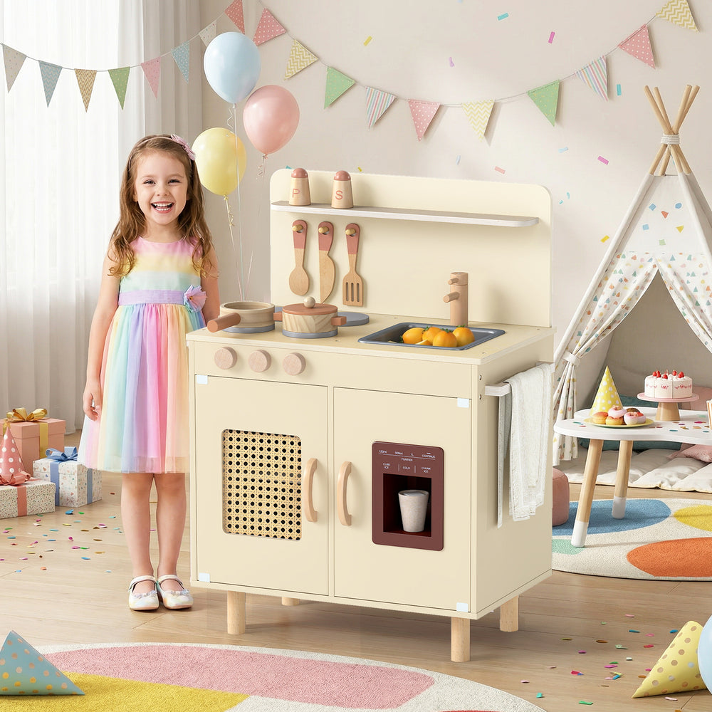 Wooden pretend kitchen playset in yellow with realistic ice maker, sink, and ample storage for imaginative cooking fun.