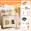 Wooden pretend kitchen playset in yellow with ice maker, sink, and ample storage for interactive cooking fun.