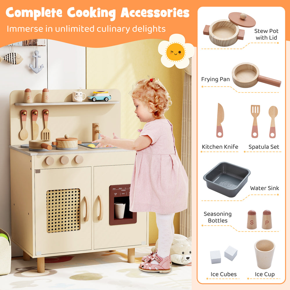 Wooden pretend kitchen playset in yellow with ice maker, sink, and ample storage for interactive cooking fun.