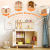 Wooden pretend kitchen playset in yellow with spice rack, ice maker, and ample storage for interactive playtime.
