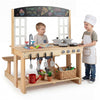 Wooden pretend play kitchen with bench, cooking accessories, and blackboard for immersive play for kids over 3 years.