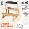 Wooden pretend play kitchen with bench, 4 stoves, sink, and cooking accessories for kids aged 3 and up.