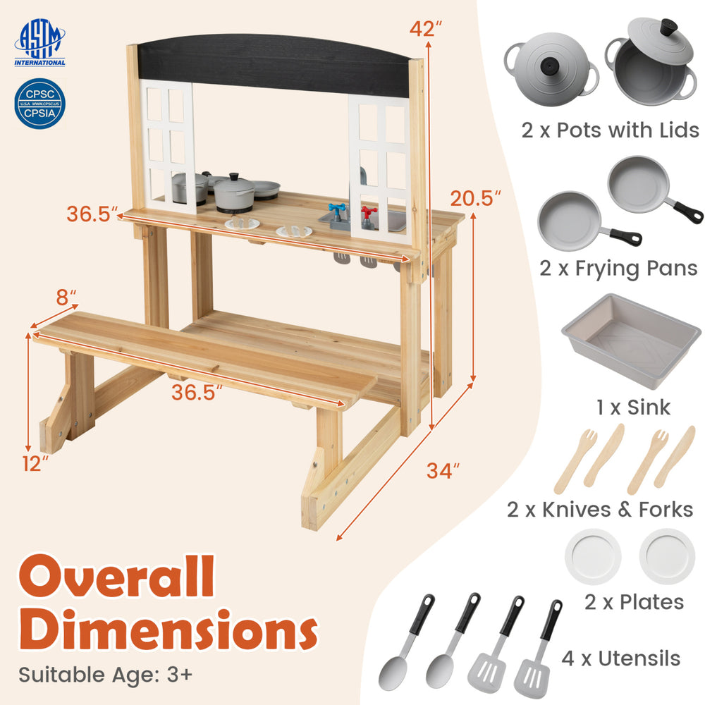 Wooden pretend play kitchen with bench, 4 stoves, sink, and cooking accessories for kids aged 3 and up.
