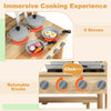 Wooden pretend play kitchen featuring 4 stoves, rotatable knobs, and a sturdy bench for immersive cooking fun.
