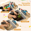 Washing sink, planting pot, and sand game features of the wooden pretend play kitchen for versatile play options.