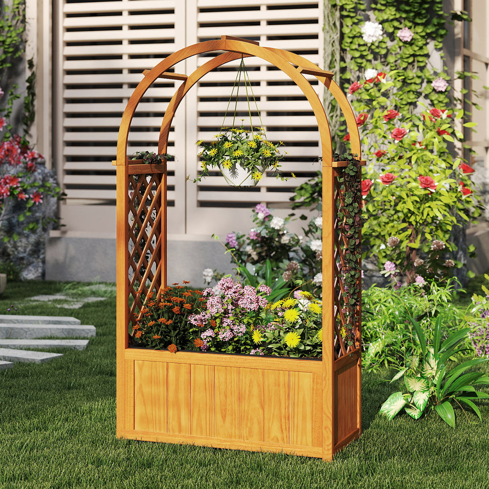Wooden raised garden bed with arched roof and lattice trellis, perfect for supporting climbing plants in outdoor spaces.