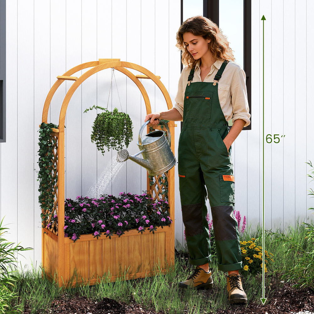 Wooden raised garden bed with lattice trellis and arched roof, made from natural pine wood, ideal for various plants.