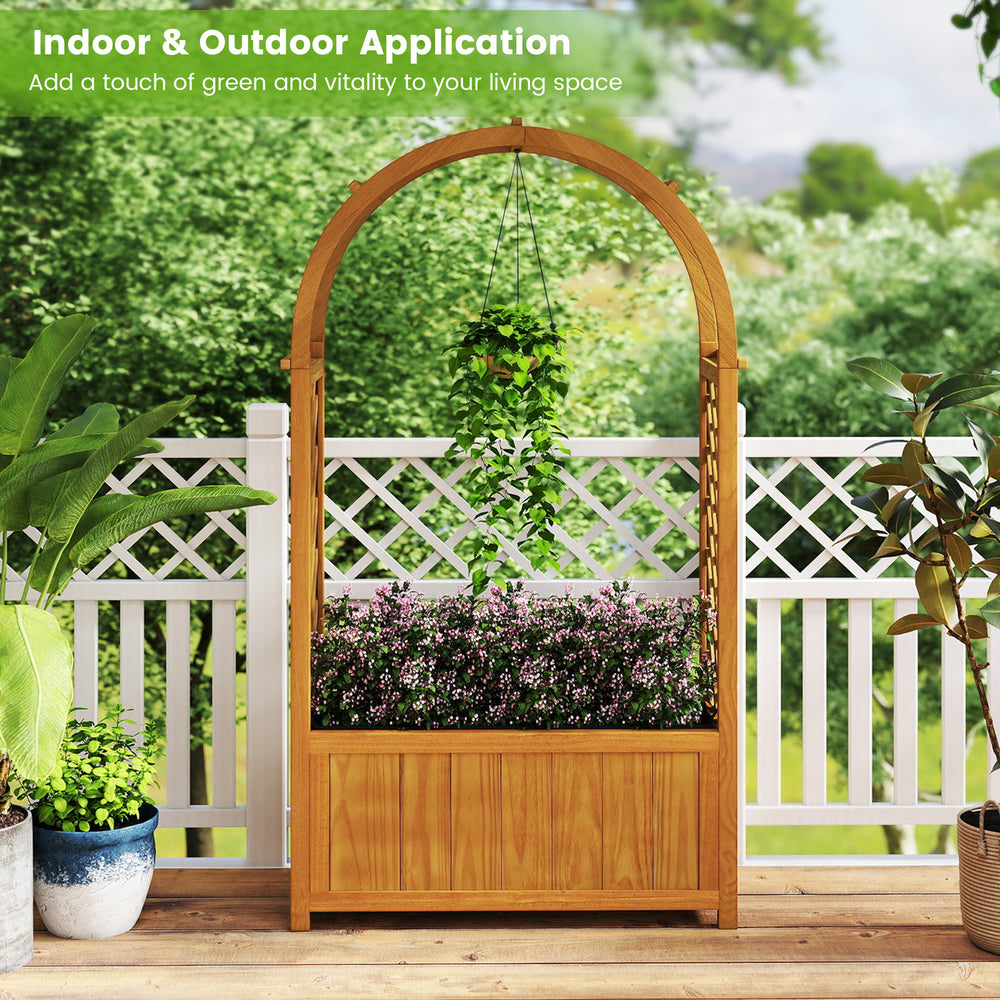 Wooden raised garden bed with arched roof and lattice trellis, made from natural pine wood for indoor and outdoor use.