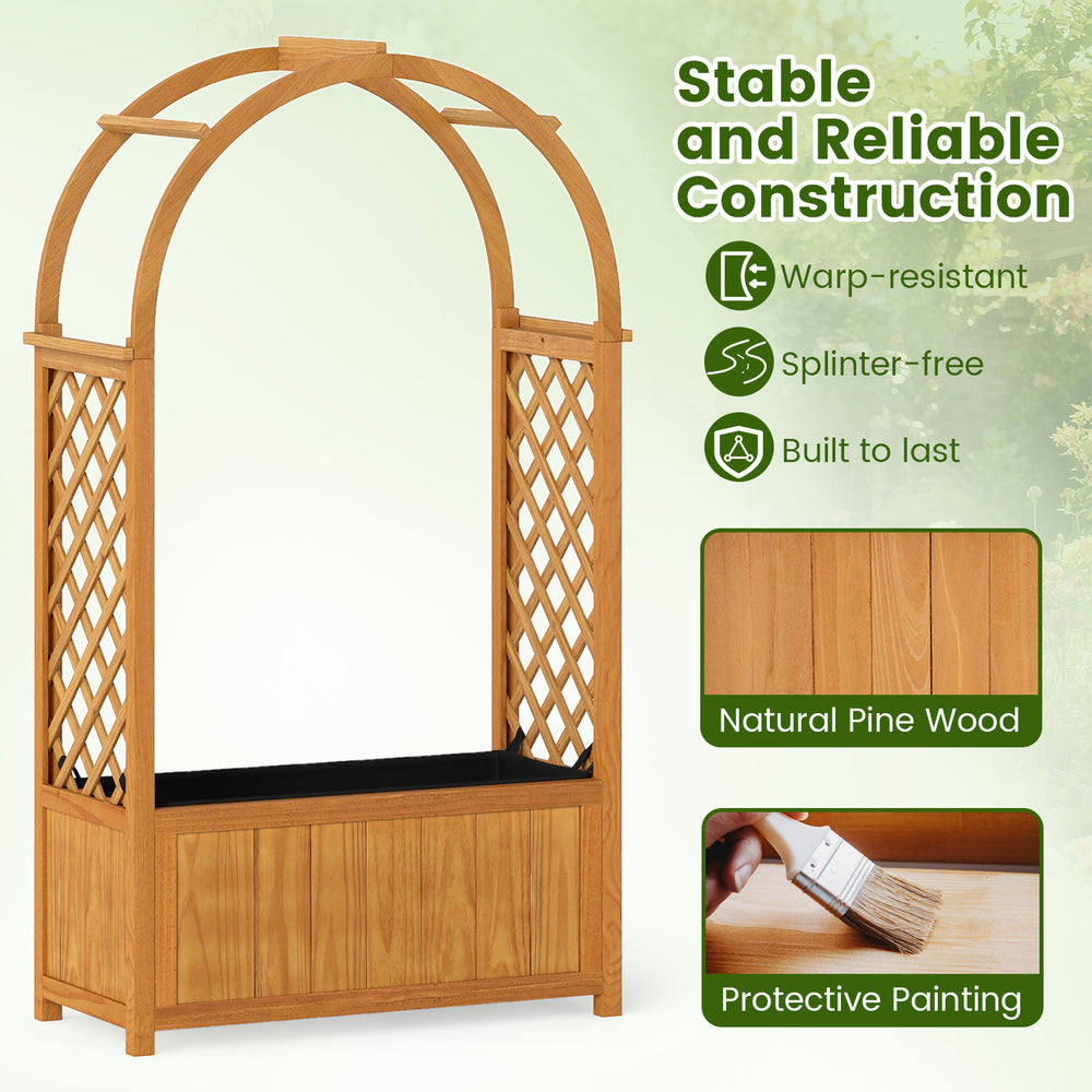 Wooden raised garden bed with lattice trellis and arched roof, made of natural pine wood for patios and gardens.